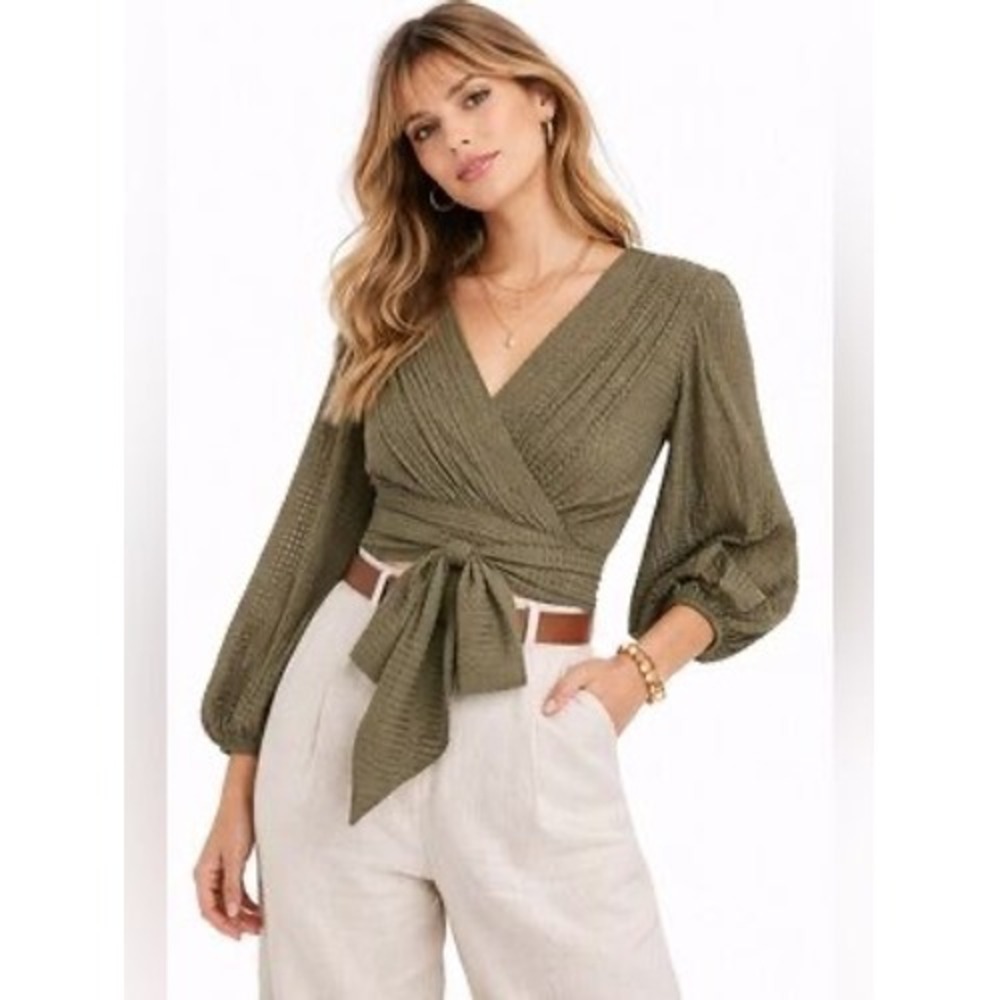 Maeve by Anthropologie Olive Green Textured Wrap Tie Front Blouse Size 10 NEW